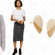 Boucle Shirttail Sweater, $38 | Striped Signaturesoft Pencil Skirt, $38 | Zoë Comings Tiny Petal Stud Earrings, $14 | Fluid Crossover Jumpsuit, $49